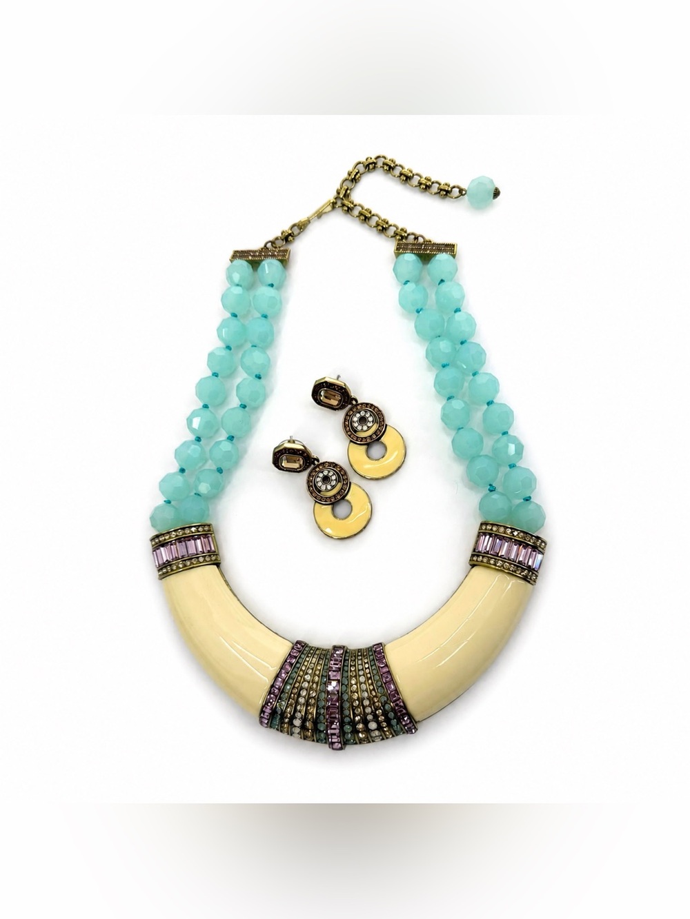 Heidi Daus Aqua Crystal Statement Necklace & Earrings Set Bold Glam Jewelry - Picture 6 of 17